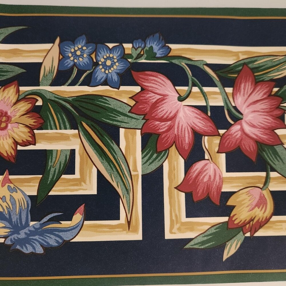 Waverly‎ Wallpaper Border 5 Yds Floral Butterfly Botanical Print Navy Blue Green
